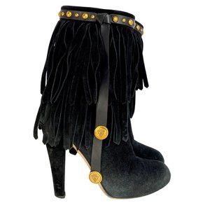 Gucci Black Suede Fringe Gucci Crest Boots